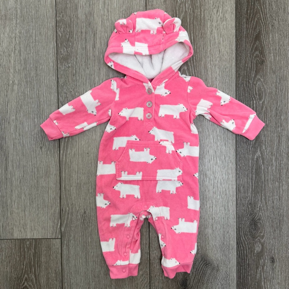 CARTERS FLEECE HOODED ROMPER POLAR BEARS PINK 6MO